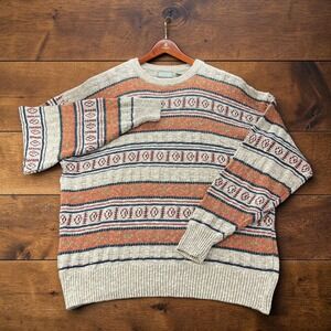Vintage 90s Christopher Hayes Aztec Textured Knit Linen Crewneck Sweater Mens XL